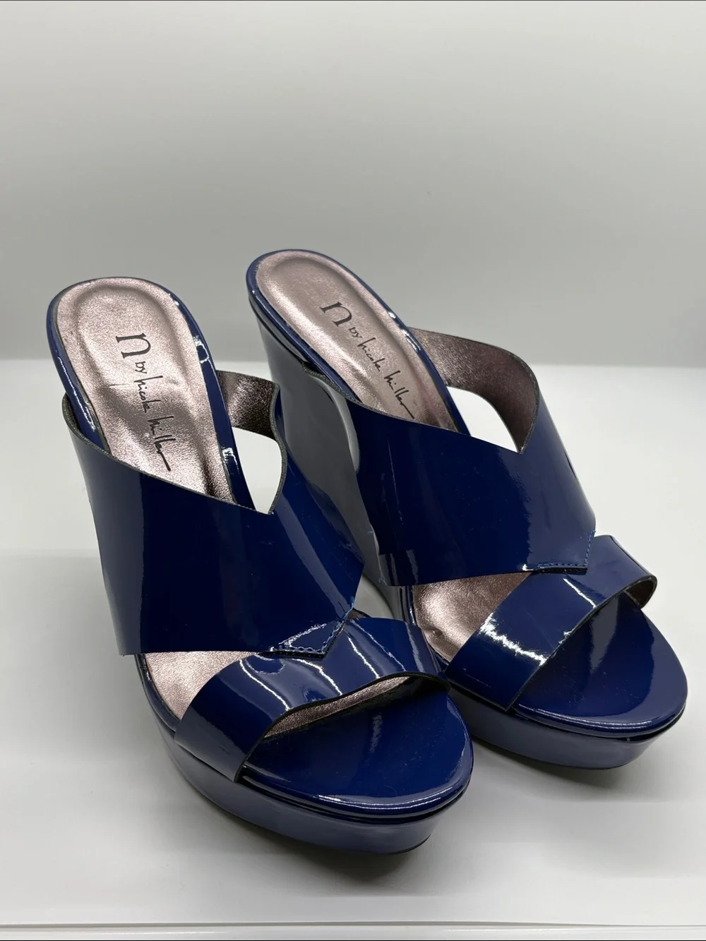 Nicole Miller Blue Patent Crossover Slide Heels
